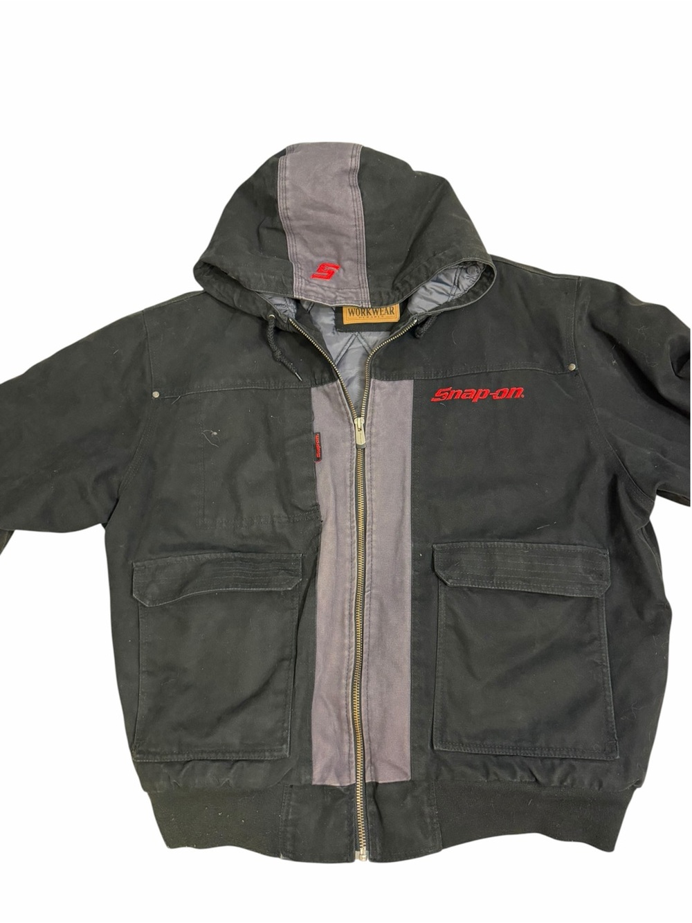 Vintage Snap-On Tools Heavyweight Canvas Hood Workwear Jacket Black Gray Stripe